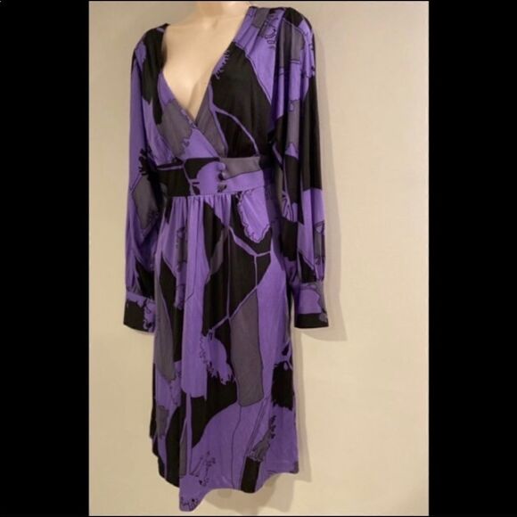 TIBI SILK V-NECK BOLD PRINT PURPLE BLACK DRESS M - Picture 4 of 14